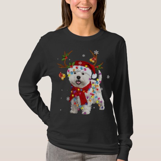 Grappige Westie Kerstmis Rendier Kerstverlichting T-shirt (Voorkant)