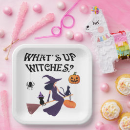 Grappige What's Up Heksen Halloween Heks en kat Papieren Bordje