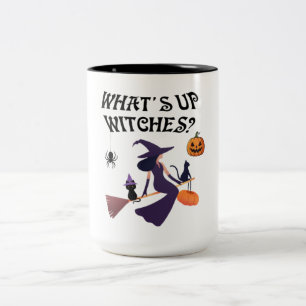 Grappige What's Up Heksen Halloween Heks en kat Tweekleurige Koffiemok