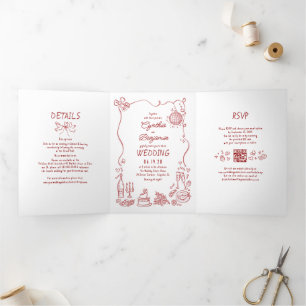 Grappige Whimsical Doodles Moderne Rode Trouwfoto Drieluik Uitnodiging