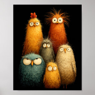Grappige wijdogige cartoon vogels kunst voor kip l poster