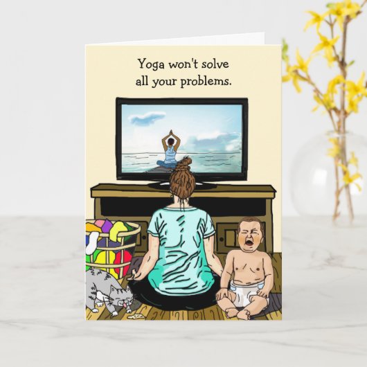 Grappige wijn en yoga Humor vriendschap Kaart (Gele Bloem)