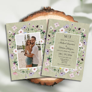 Grappige wilde bloemen Green Kraft Fotobruiloft Kaart