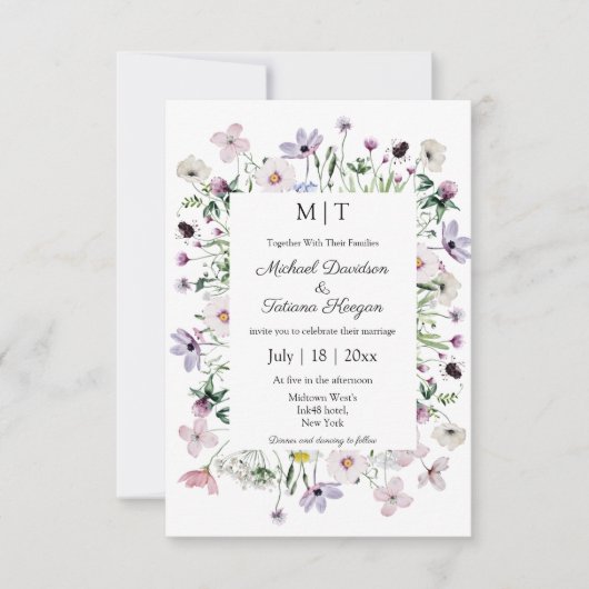 Grappige wilde bloemen tuin monogram bruiloft kaart (Voorkant)