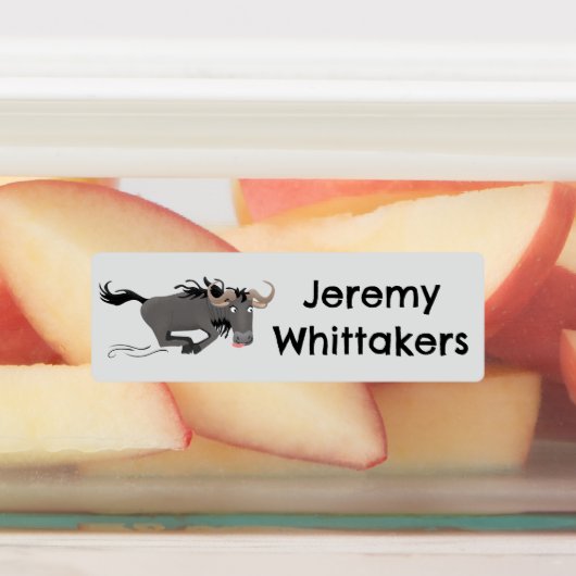 Grappige wildebeest lopende cartoon gepersonalisee labels (Aangebracht)