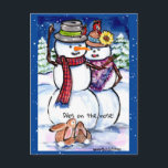 Grappige Winter Kerst Sneeuwpop Konijnen Wortelneu Briefkaart<br><div class="desc">Twee kleine bruine konijntjes maken plannen - "Dibs op de neus!" zegt een van hen! Een vrolijke sneeuwman en sneeuwdame met felgekleurde accessoires verlevendigen deze winterse vakantie of kerst briefkaart - het is geschikt voor kerst of een seizoensgebonden vakantieviering. De woorden "Have Fun This Holiday Season" staan op de achterkant...</div>
