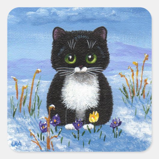 Grappige Winter Zwarte Kat Creationarts Vierkante Sticker (Voorkant)