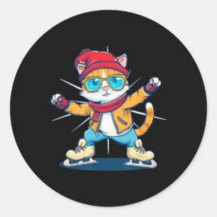 Grappige wintersport kat in het schaatsen Schattig Ronde Sticker