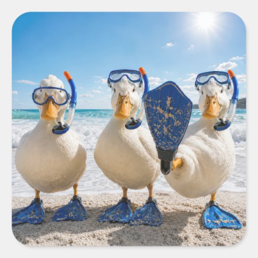 Grappige Witte Eenden met Snorkelapparatuur Vierkante Sticker (Voorkant)