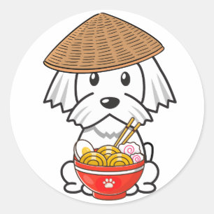 Grappige witte hond eet noedels ronde sticker