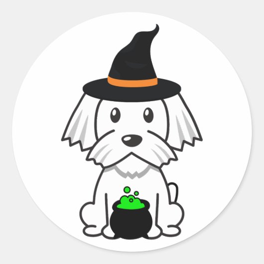 Grappige witte hond is een heks ronde sticker (Voorkant)