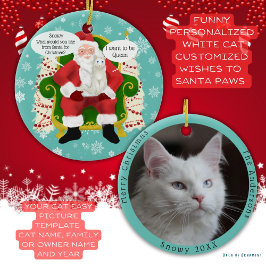 Grappige witte kat bezoeken Santa Custom Kerstmis Keramisch Ornament