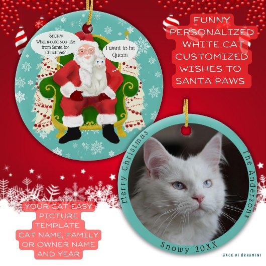 Grappige witte kat bezoeken Santa Custom Kerstmis Keramisch Ornament