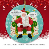 Grappige witte kat bezoeken Santa Custom Kerstmis Keramisch Ornament