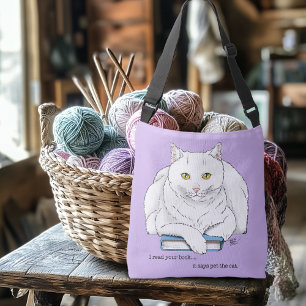 Grappige Witte Kat Boek Lezen Humor Paars Crossbody Tas
