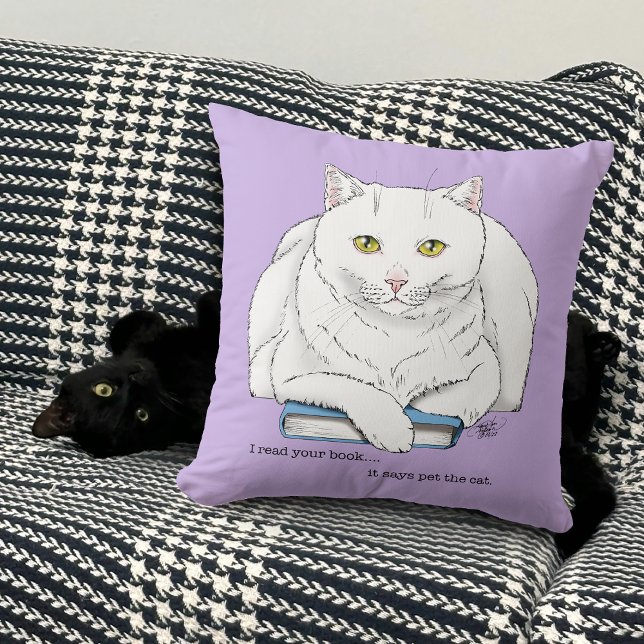 Grappige Witte Kat Boek Lezen Humor Paars Kussen (Creator heeft geüpload)