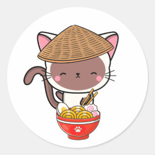 Grappige witte kat eet noedels ronde sticker