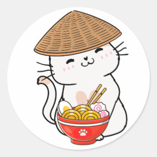 Grappige witte kat eet noedels ronde sticker