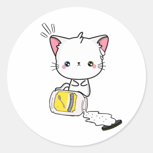 Grappige witte kat gemorste mayonaise ronde sticker (Voorkant)