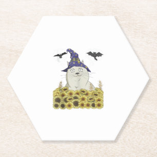 Grappige witte kat in heksenhoed vintage Halloween Kartonnen Onderzetters