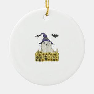 Grappige witte kat in heksenhoed vintage Halloween Keramisch Ornament