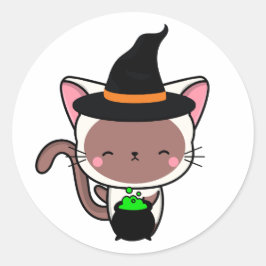 Grappige witte kat is een heks ronde sticker