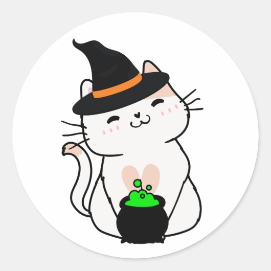 Grappige witte kat is een heks ronde sticker (Voorkant)