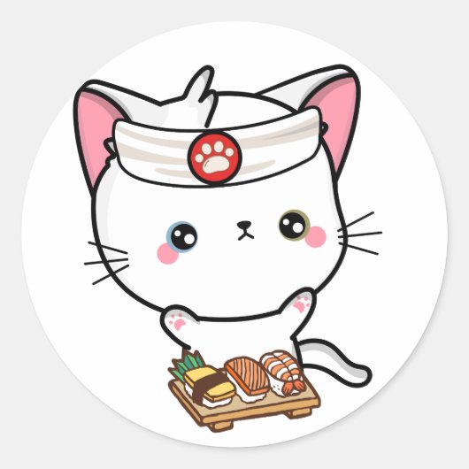 Grappige witte kat is een sushi chef ronde sticker (Voorkant)