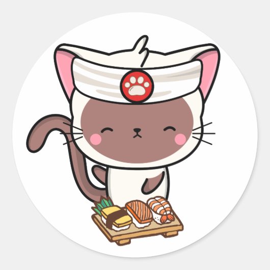 Grappige witte kat is een sushi chef ronde sticker (Voorkant)