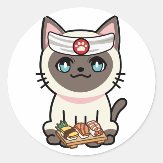 Grappige witte kat is een sushi chef ronde sticker (Voorkant)