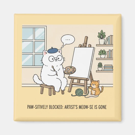 Grappige Witte Kat Kunst Blok Studio Kitten Huisde Magneet (Voorkant)