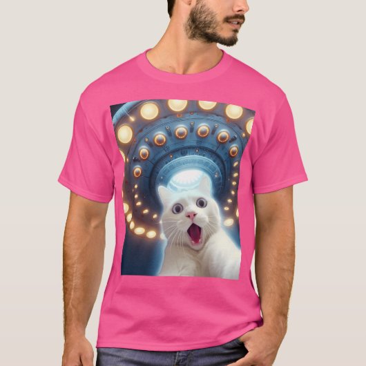 Grappige witte kat minnaar selfie met UFO's Alien T-shirt (Voorkant)
