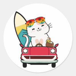 Grappige witte kat rijdt naar het strand ronde sticker