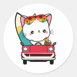 Grappige witte kat rijdt naar het strand ronde sticker
