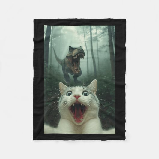 Grappige Witte Kat Selfie Met T-rex Dinosaur, Kat Fleece Deken (Voorkant)