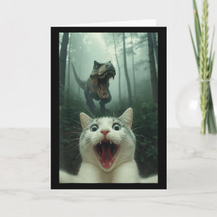 Grappige Witte Kat Selfie Met T-rex Dinosaur, Kat Kaart