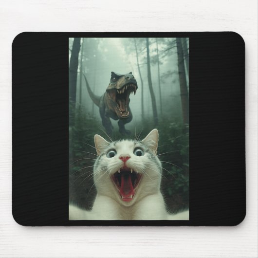 Grappige Witte Kat Selfie Met T-rex Dinosaur, Kat Muismat (Voorkant)