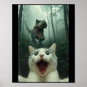 Grappige Witte Kat Selfie Met T-rex Dinosaur, Kat Poster
