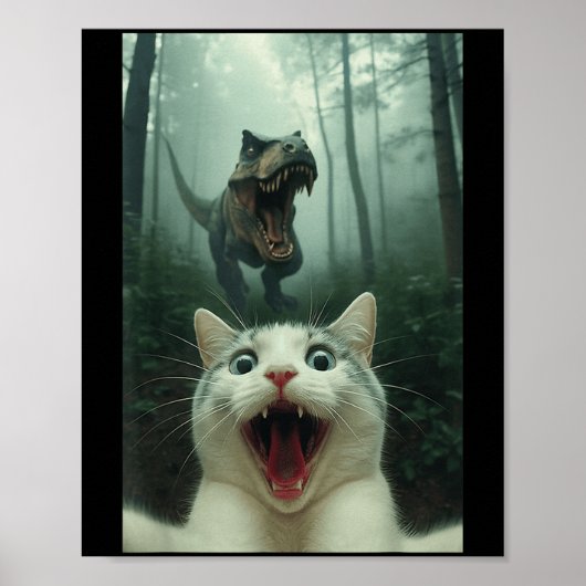 Grappige Witte Kat Selfie Met T-rex Dinosaur, Kat Poster (Voorkant)