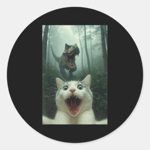 Grappige Witte Kat Selfie Met T-rex Dinosaur, Kat  Ronde Sticker