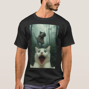 Grappige Witte Kat Selfie Met T-rex Dinosaur, Kat T-shirt