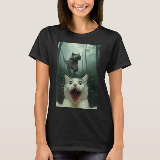 Grappige Witte Kat Selfie Met T-rex Dinosaur, Kat T-shirt (Voorkant)