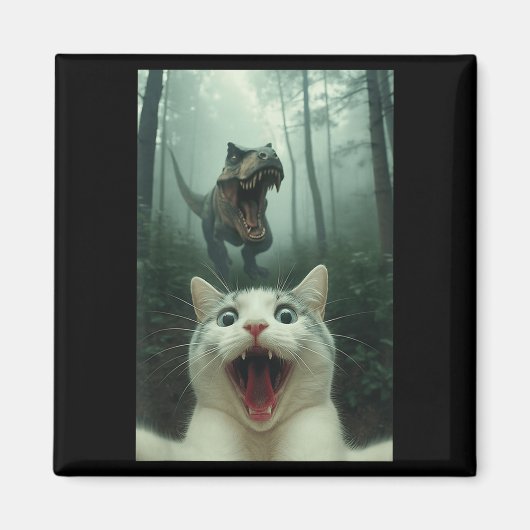 Grappige witte kat selfie met T-rex dinosaurus, ka Magneet (Voorkant)
