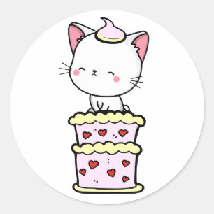 Grappige witte kat springen uit een taart ronde sticker