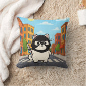Grappige Witte Kat Sticker met Mask en Knife Kussen (Deken)