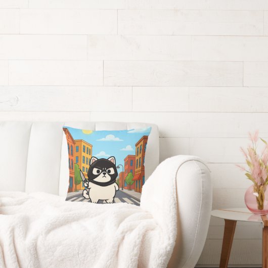 Grappige Witte Kat Sticker met Mask en Knife Kussen (Bank)
