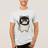 Grappige Witte Kat Sticker met Mask en Knife Tri-Blend Shirt (Voorkant)