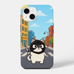 Grappige Witte Kat Sticker met Masker en Mes iPhone 14 Hoesje
