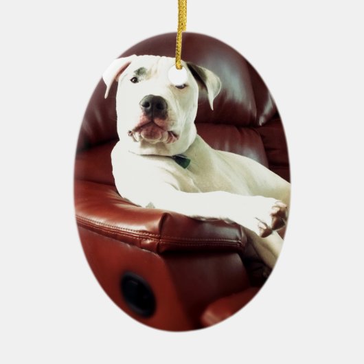 grappige witte pitbull hond op de bank keramisch ornament (Voorkant)