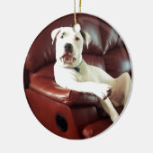 grappige witte pitbull hond op de bank keramisch ornament (Links)